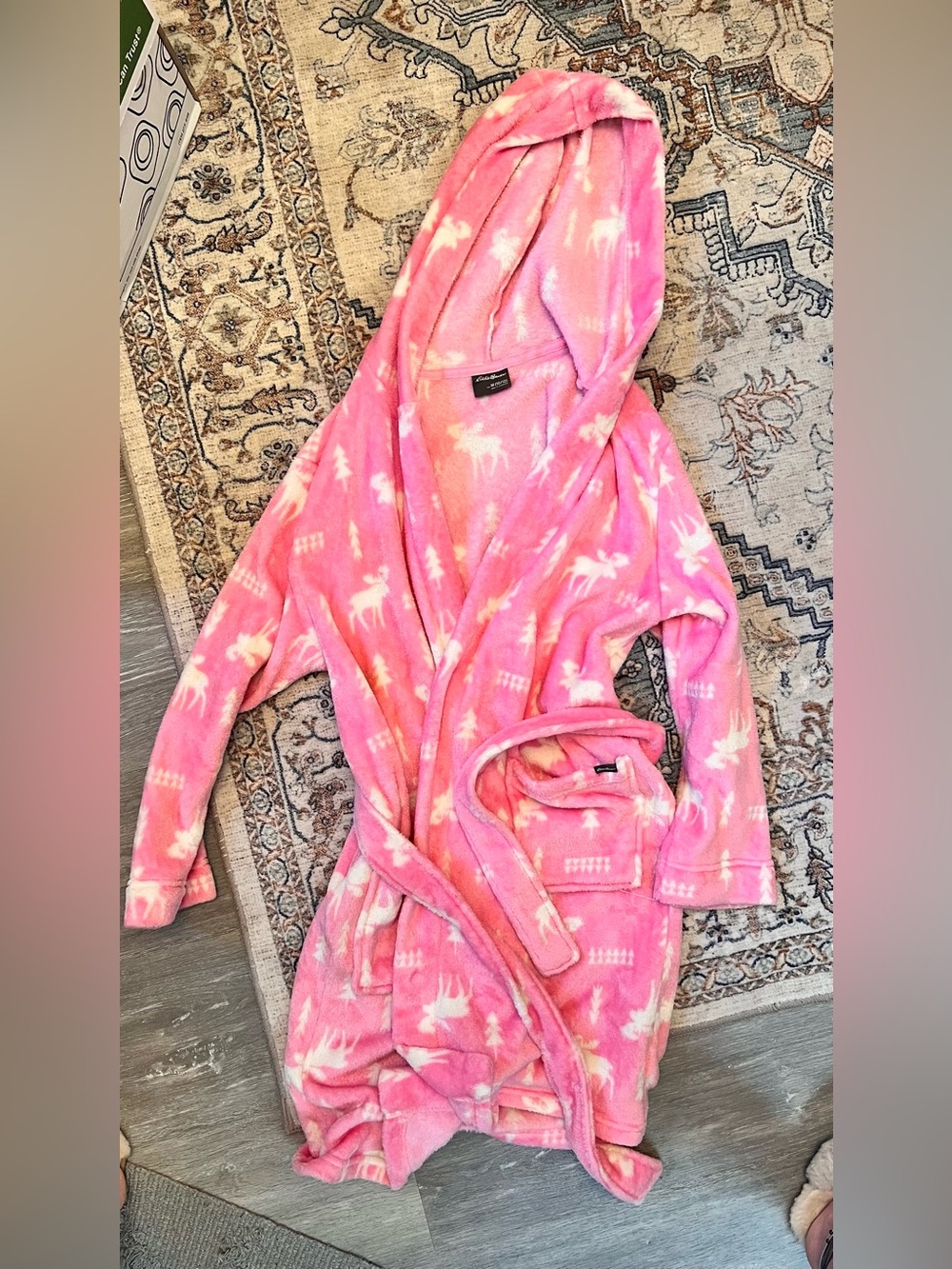 Eddie Bauer Pink Plush Hooded Robe with Moose Motif